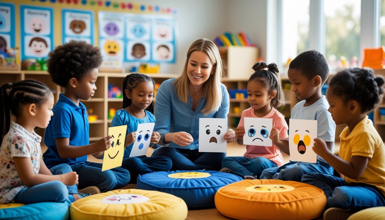 A teacher and a group of young children sitting in a circle in a classroom, engaging in an activity about emotions.