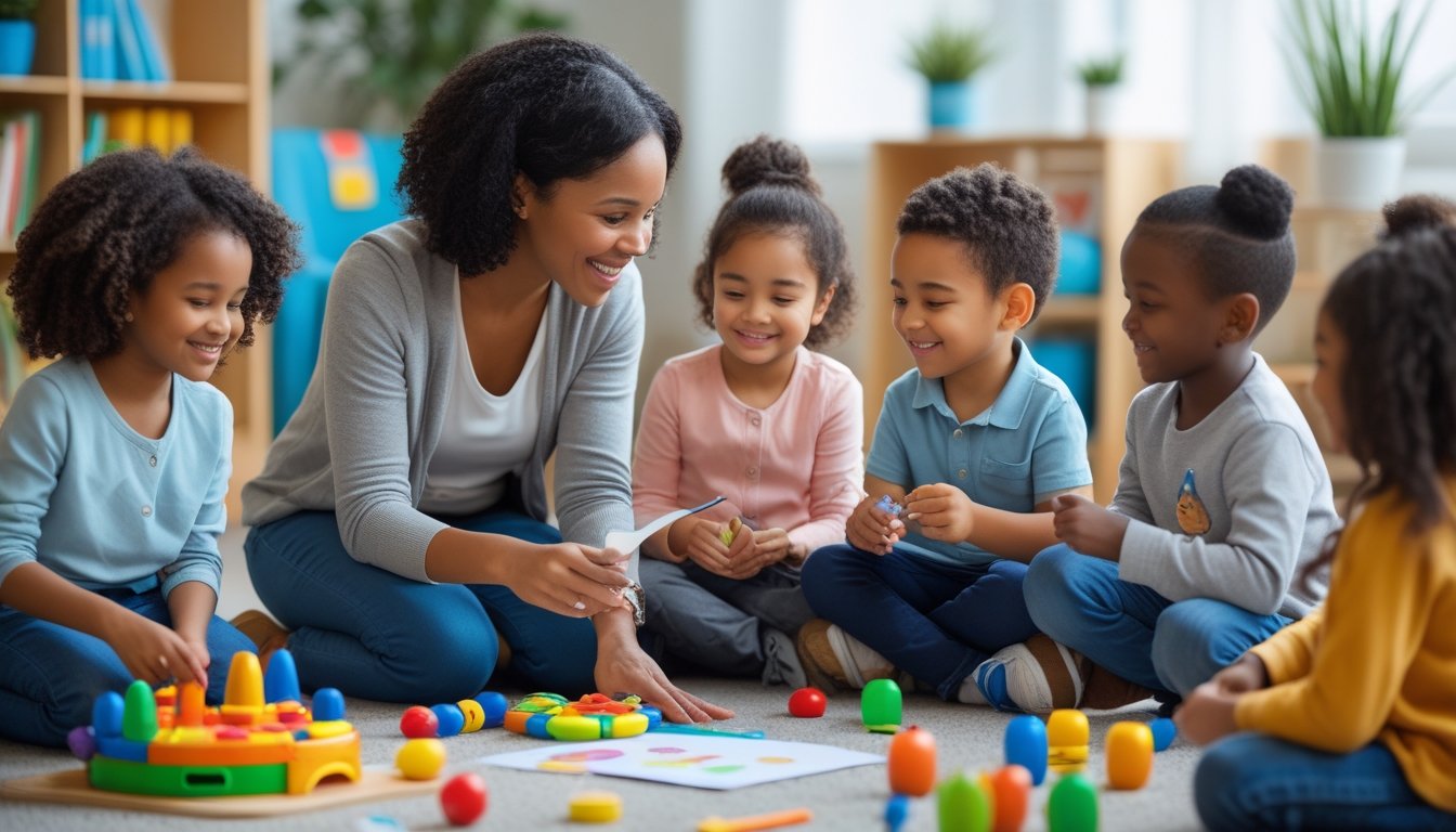 A group of young children playing and interacting with a caring adult in a bright, colourful classroom setting.