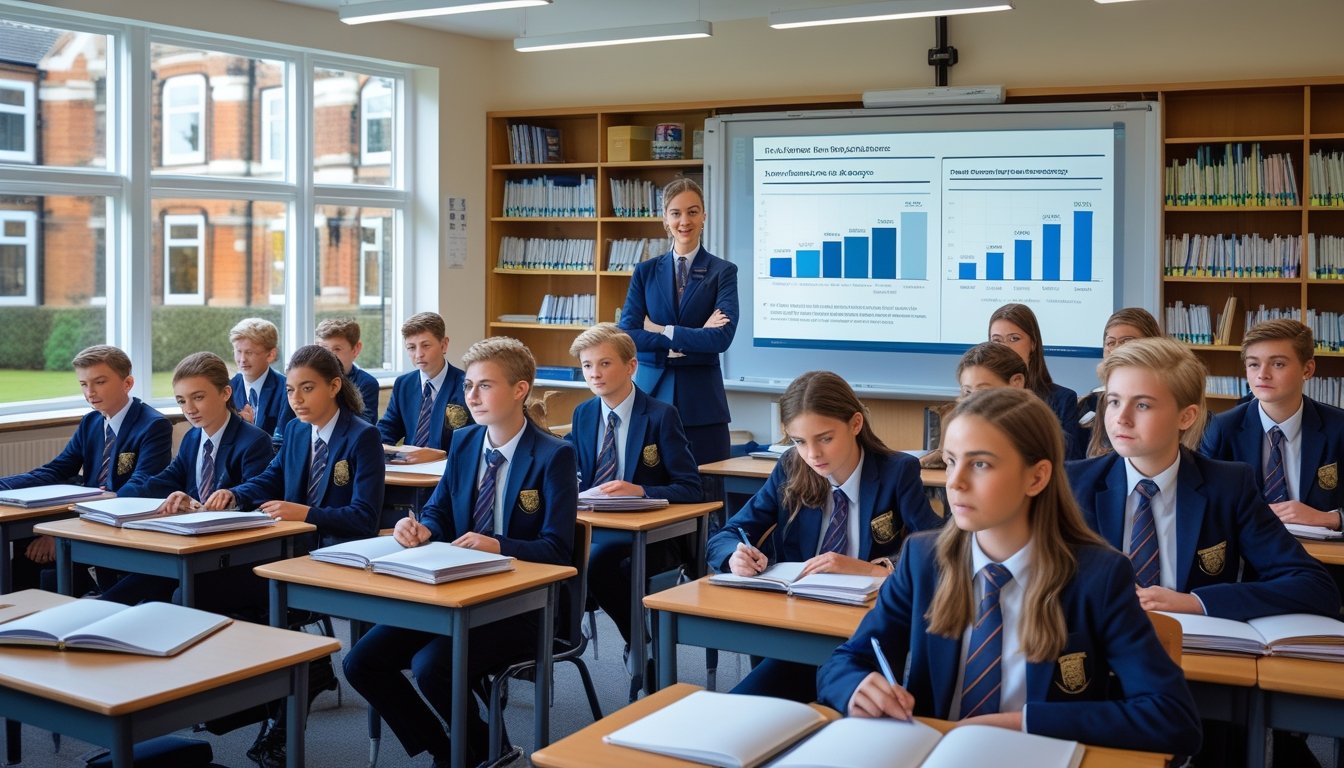 Students in school uniforms listening to a teacher in a bright classroom with educational materials and large windows showing a traditional school building outside.