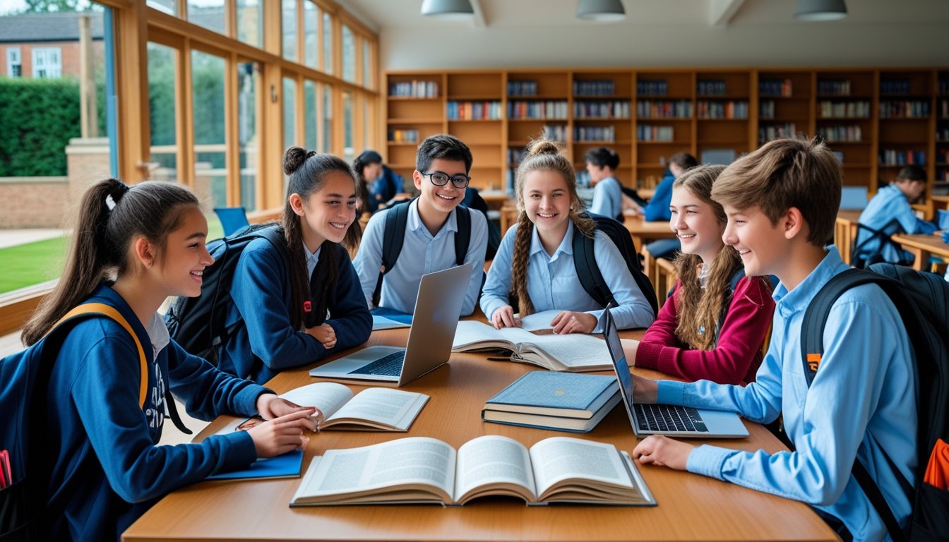 A group of teenagers studying together around a table in a bright room with bookshelves and large windows, typical of a UK boarding school.