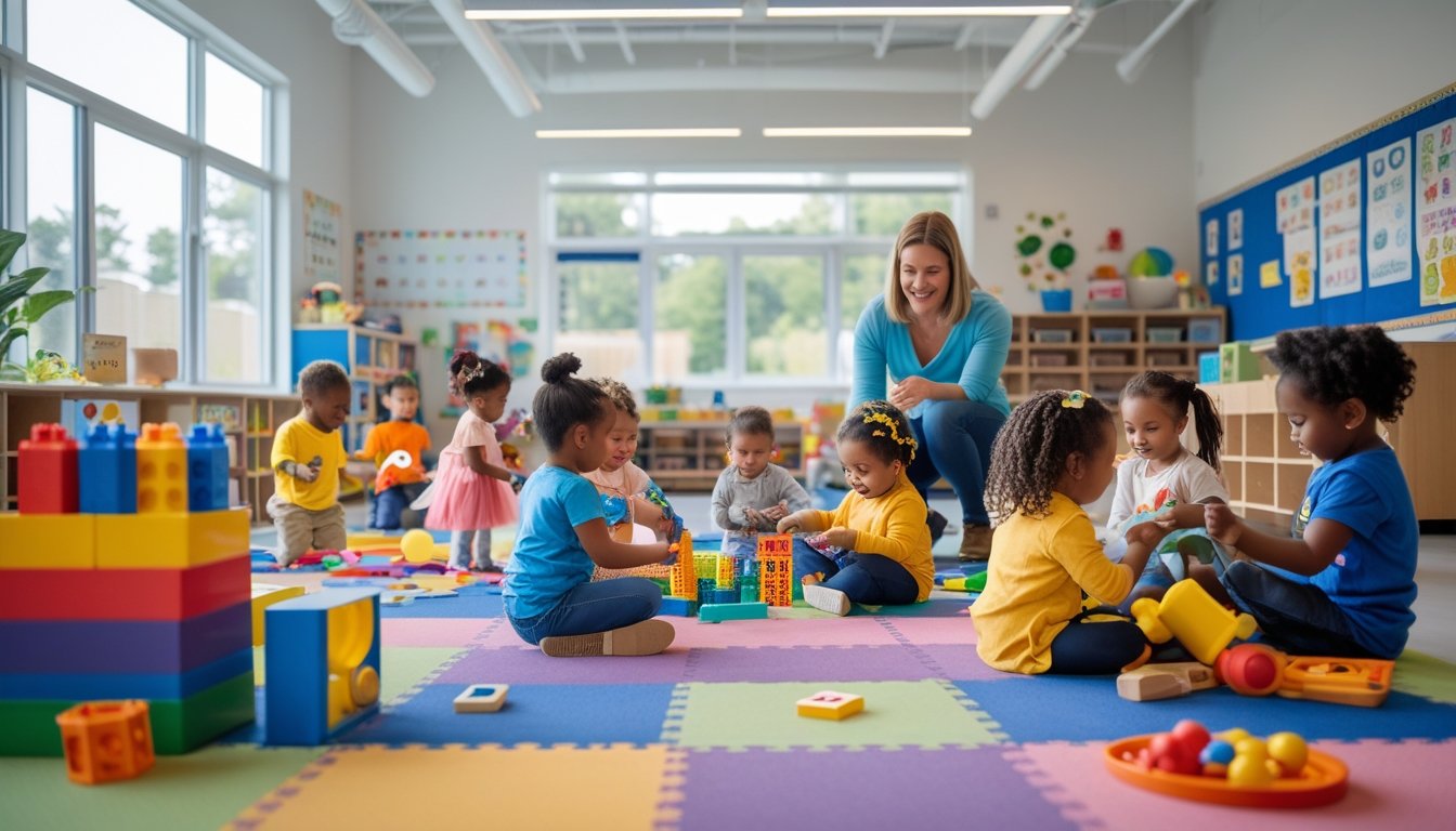 Young children playing with blocks, costumes, and puzzles in a bright classroom while a teacher observes.