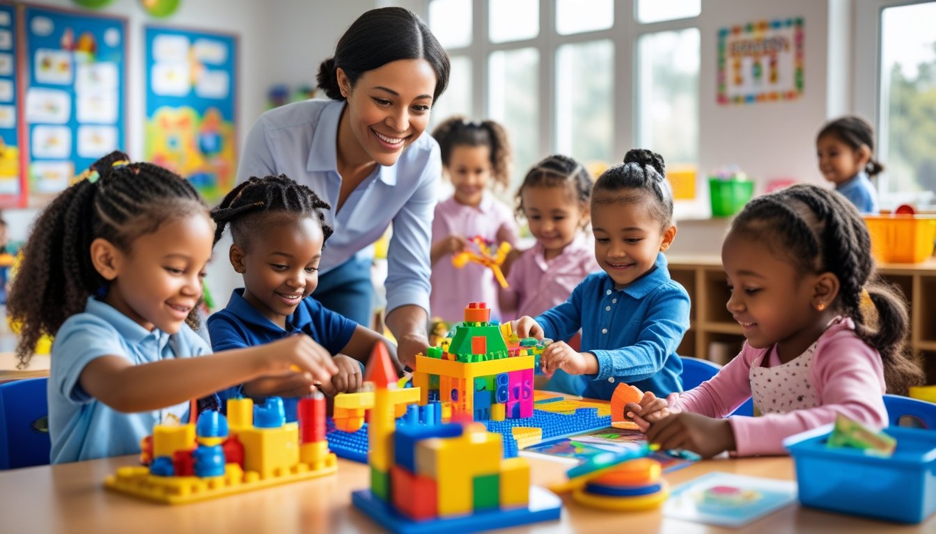 Young children playing with educational toys in a classroom while a teacher guides them.