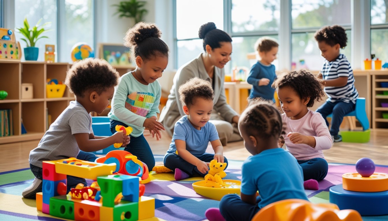A group of young children and adults interacting in a bright classroom, engaging in play and learning activities that support their social and emotional development.