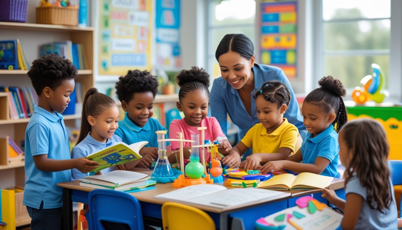 A group of young children and a teacher engaged in learning activities in a bright classroom filled with books and educational materials.