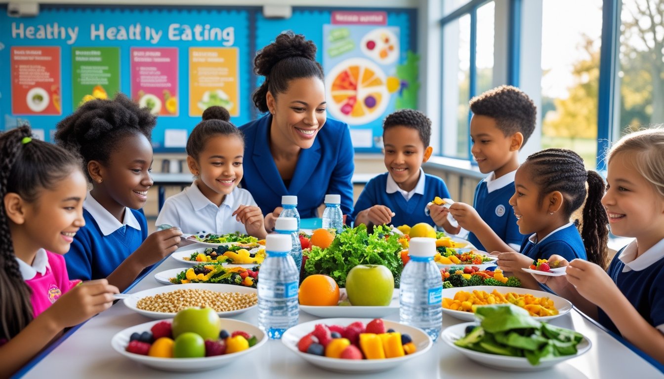 Children eating healthy food in a school cafeteria with a teacher encouraging them.