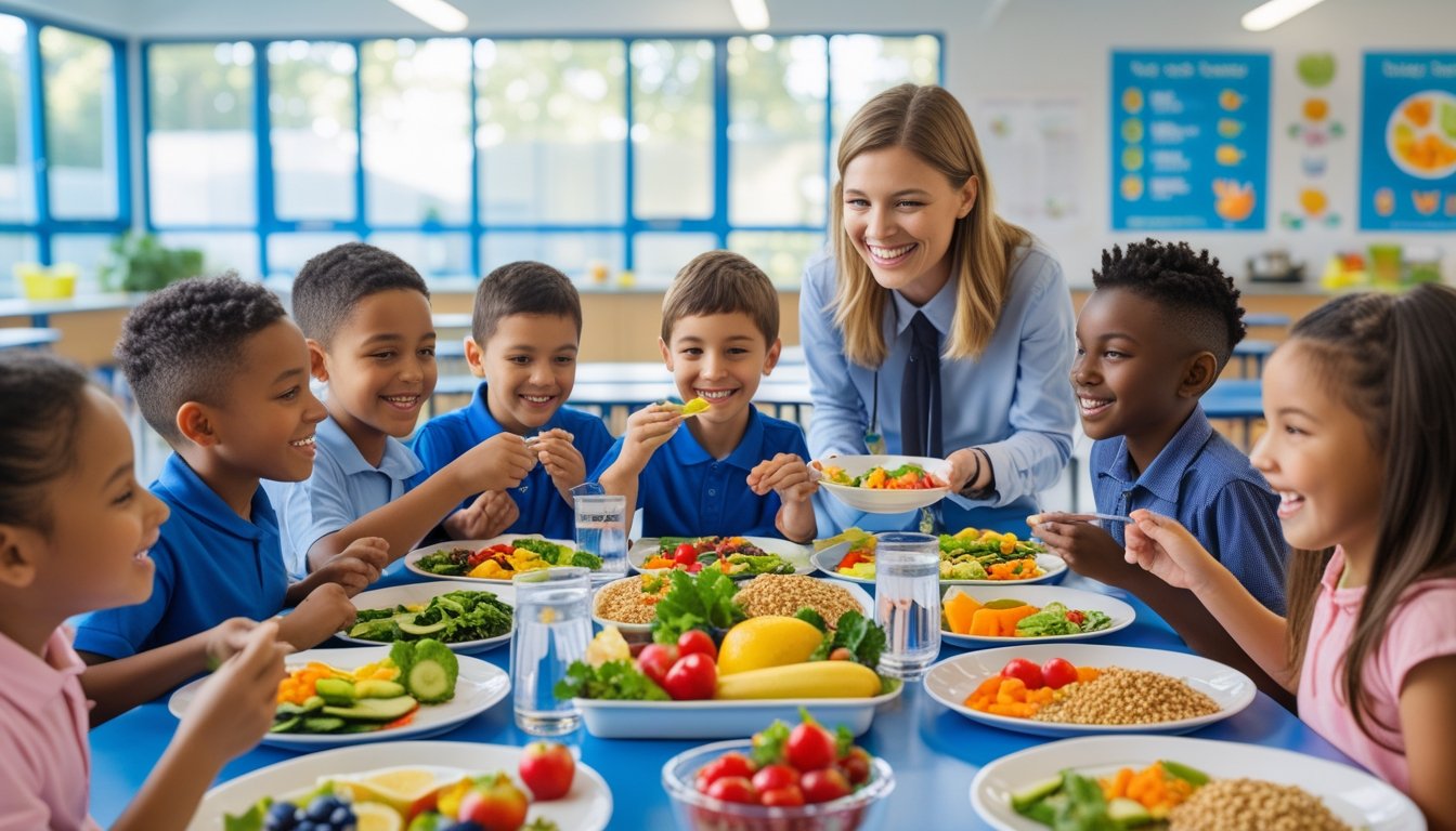 Children sitting around a table eating healthy food with a teacher encouraging them in a bright school cafeteria.