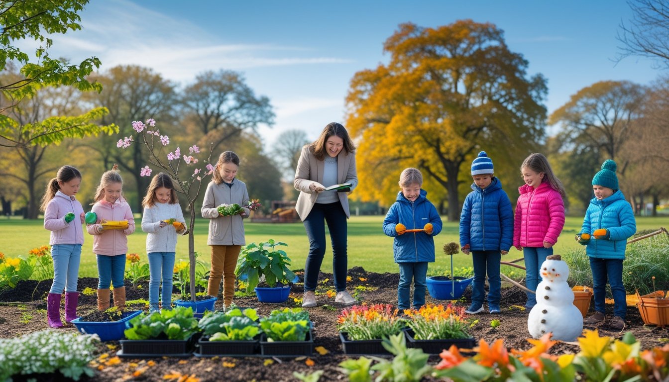 Children and a teacher engaging in outdoor educational activities across different seasons, including examining flowers, gardening, collecting leaves, and building a snowman in a park.