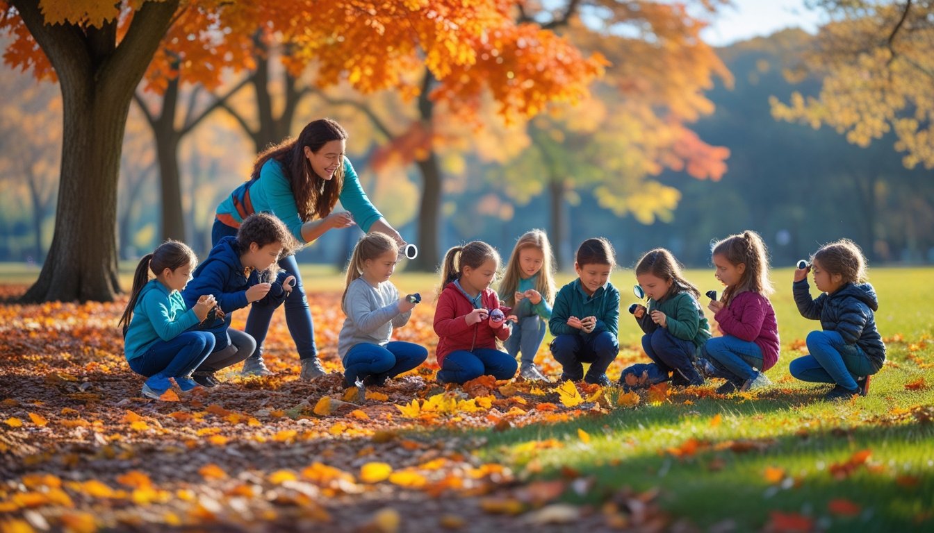 Children and an adult exploring nature outdoors in autumn, examining leaves and insects in a park with colourful trees.