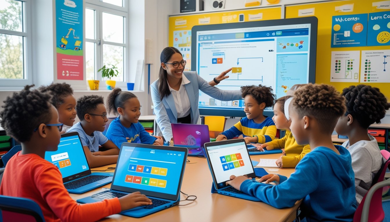Children in a classroom learning coding with laptops and a teacher guiding them at an interactive screen.