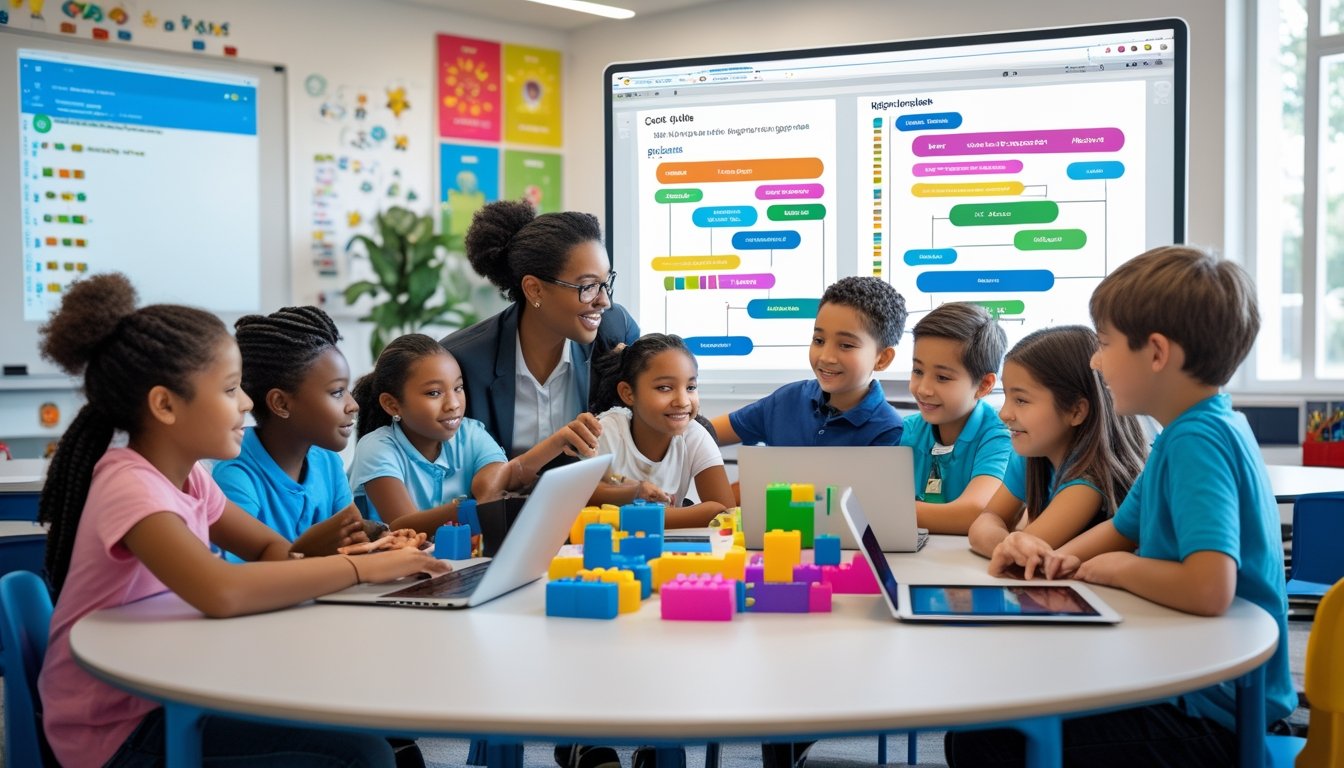 Children working together on laptops and coding blocks in a classroom with a teacher guiding them.
