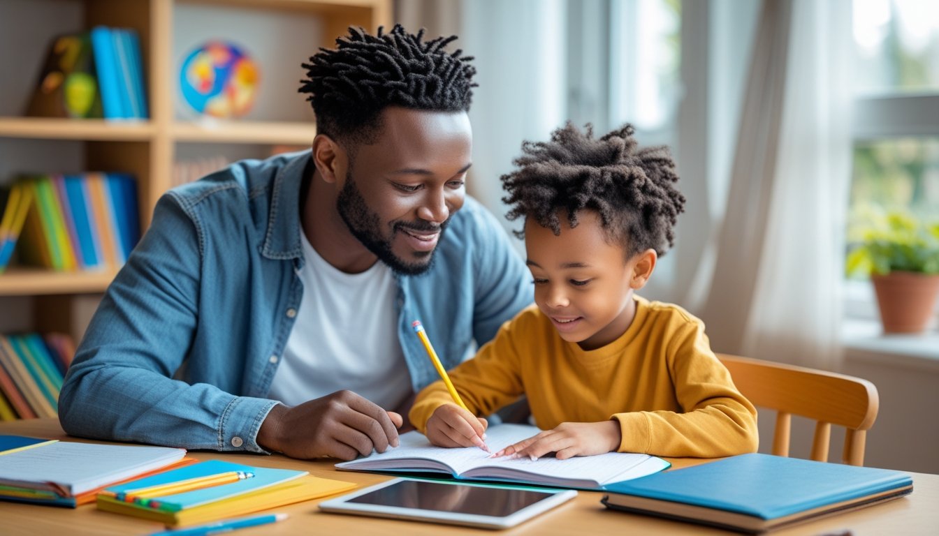 A parent and child sitting together at a desk, working on homework in a bright, organised study area.