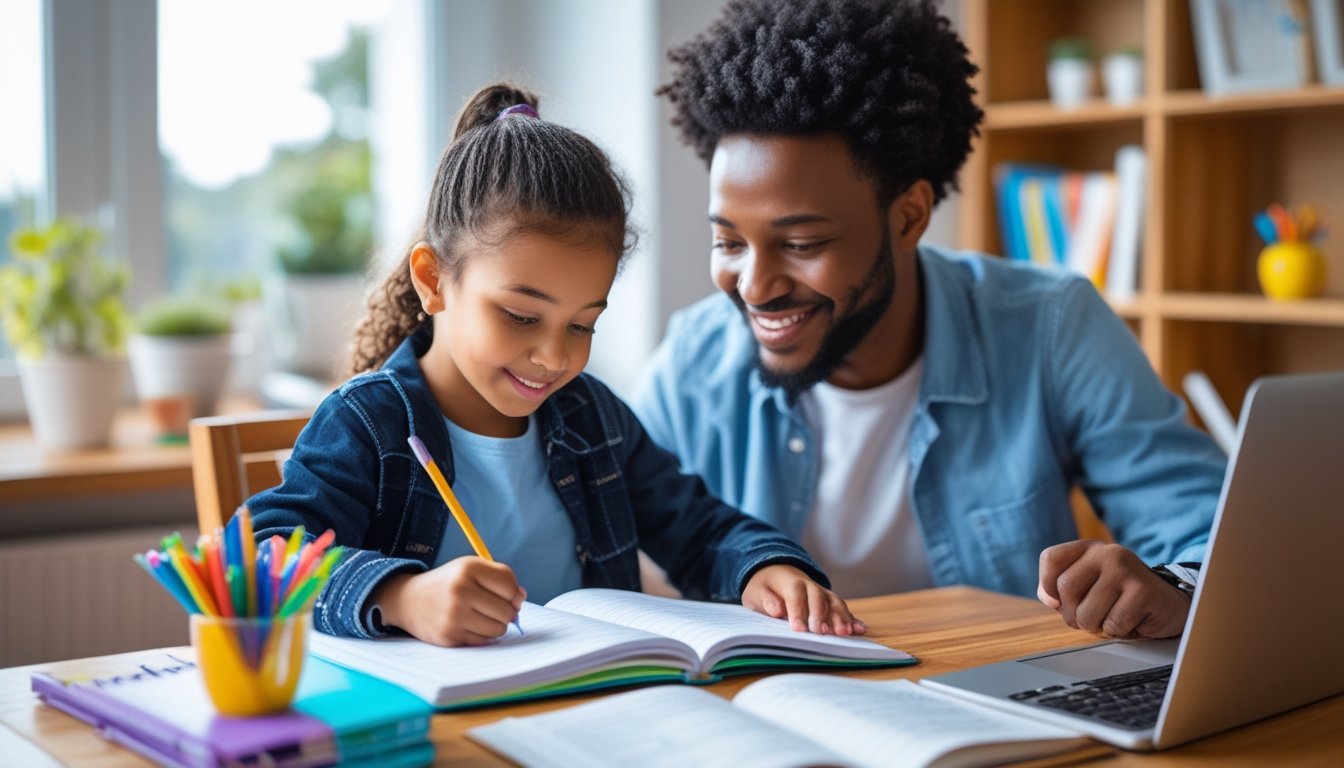 A parent and child working together at a table on homework in a bright room with books and school supplies.